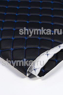 Eco leather Oregon on foam rubber 5mm and spunbond BLACK quilted with BLUE thread DECORATIVE SQUARE 35x35mm width 1,38m