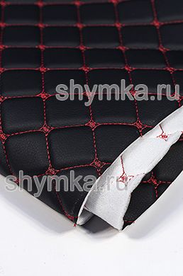 Eco leather Oregon on foam rubber 5mm and spunbond BLACK quilted with RED thread DECORATIVE SQUARE 35x35mm width 1,38m