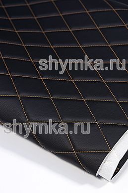 Eco leather Oregon on foam rubber 5mm and spunbond BLACK quilted with ORANGE thread RHOMBUS 45x45mm width 1,4m
