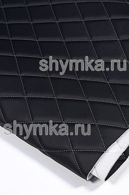 Eco leather Oregon on foam rubber 5mm and spunbond BLACK quilted with WHITE thread RHOMBUS 45x45mm width 1,4m