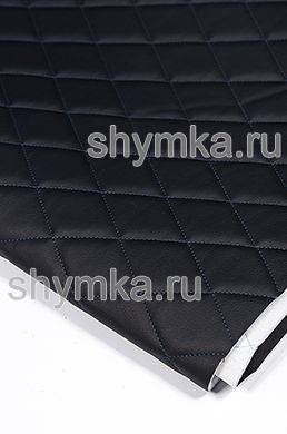 Eco leather Oregon on foam rubber 5mm and spunbond BLACK quilted with BLUE thread RHOMBUS 45x45mm width 1,4m