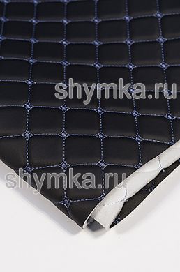 Eco leather Oregon on foam rubber 5mm and spunbond BLACK quilted with CORNFLOWER thread DECORATIVE SQUARE 35x35mm width 1,38m
