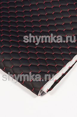 Eco leather Oregon on foam rubber 5mm and spunbond BLACK quilted with RED №6212 thread HONEYCOMB MINI width 1,4m