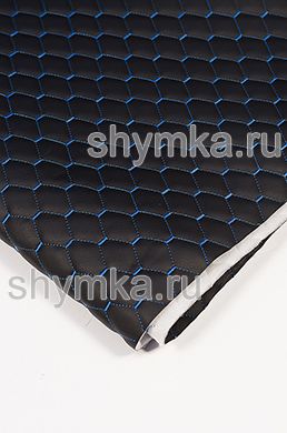Eco leather Oregon on foam rubber 5mm and spunbond BLACK quilted with BLUE thread HONEYCOMB MINI width 1,4m