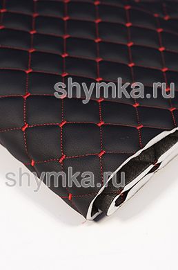 Eco leather Oregon on foam rubber 10mm and black spunbond 60 g/sq.m BLACK quilted with RED №1113 thread SQUARE NEO 35x35mm width 1,35m