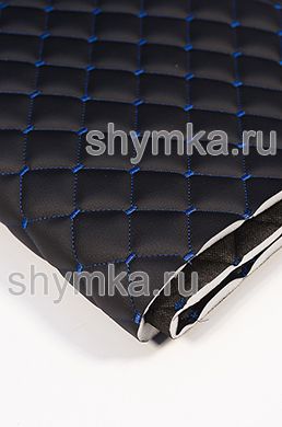 Eco leather Oregon on foam rubber 10mm and black spunbond 60 g/sq.m BLACK quilted with BLUE №1291 thread SQUARE NEO 35x35mm width 1,35m
