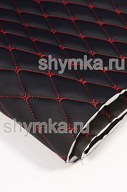 Eco leather Oregon on foam rubber 10mm and black spunbond 60 g/sq.m BLACK quilted with RED №1113 thread RHOMBUS DECORATIVE 45x45mm width 1,38m