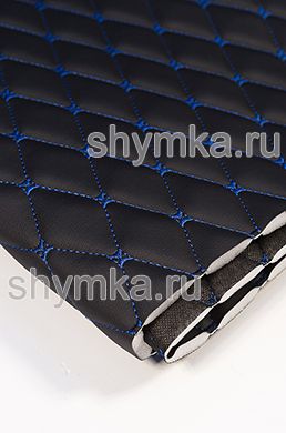 Eco leather Oregon on foam rubber 10mm and black spunbond 60 g/sq.m BLACK quilted with BLUE №1291 thread RHOMBUS DECORATIVE 45x45mm width 1,38m