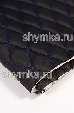 Eco leather Oregon on foam rubber 10mm and black spunbond 60 g/sq.m BLACK quilted with DARK-BLUE №1319 thread RHOMBUS DECORATIVE 45x45mm width 1,38m