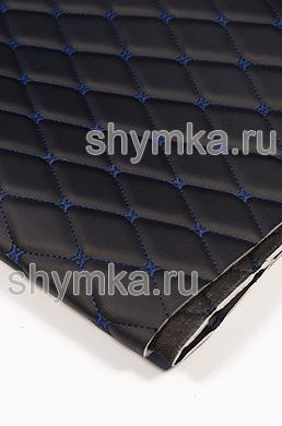 Eco leather Oregon on foam rubber 5mm and black spunbond 60 g/sq.m BLACK quilted with DARK-BLUE №1319 thread RHOMBUS DECORATIVE 45x45mm width 1,38m