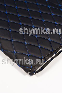 Eco leather Oregon on foam rubber 5mm and black spunbond 60 g/sq.m BLACK quilted with BLUE №1291 thread RHOMBUS DECORATIVE 45x45mm width 1,38m