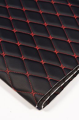 Eco leather Oregon on foam rubber 5mm and black spunbond 60 g/sq.m BLACK quilted with RED №1113 thread RHOMBUS DECORATIVE 45x45mm width 1,38m
