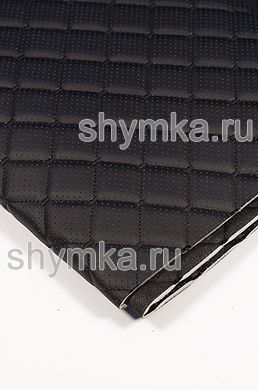 Eco leather Oregon WITH PERFORATION on foam rubber 5mm and black spunbond 60 g/sq.m BLACK quilted with BLACK thread SQUARE NEO 35x35mm width 1,35m