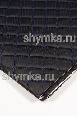 Eco leather Oregon WITH PERFORATION on foam rubber 5mm and black spunbond 60 g/sq.m BLACK quilted with DARK-BLUE №1319 thread SQUARE NEO 35x35mm width 1,35m