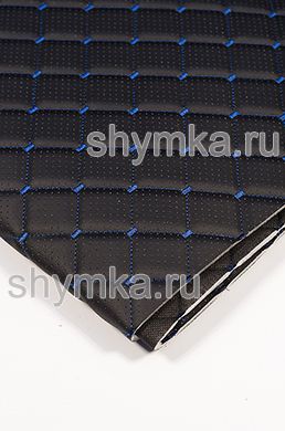 Eco leather Oregon WITH PERFORATION on foam rubber 5mm and black spunbond 60 g/sq.m BLACK quilted with BLUE №1291 thread SQUARE NEO 35x35mm width 1,35m