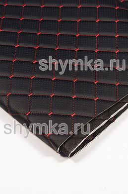 Eco leather Oregon WITH PERFORATION on foam rubber 5mm and black spunbond 60 g/sq.m BLACK quilted with RED №1113 thread SQUARE NEO 35x35mm width 1,35m