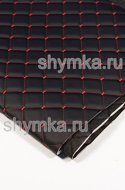 Eco leather Oregon on foam rubber 5mm and black spunbond 60 g/sq.m BLACK quilted with RED №1113 thread SQUARE NEO 35x35mm width 1,35m