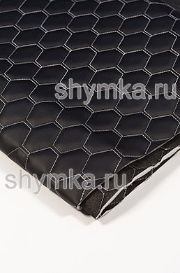 Eco leather Oregon on foam rubber 5mm and black spunbond 60 g/sq.m BLACK quilted with WHITE  thread HONEYCOMB NEW width 1,4m