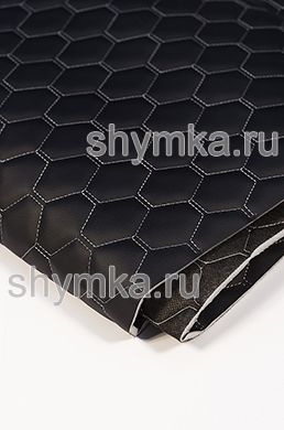 Eco leather Oregon on foam rubber 5mm and black spunbond 60 g/sq.m BLACK quilted with LIGHT-GREY №1340 thread HONEYCOMB NEW width 1,4m