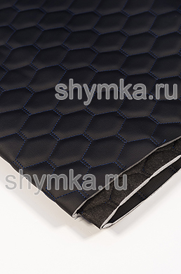 Eco leather Oregon on foam rubber 5mm and black spunbond 60 g/sq.m BLACK quilted with DARK-BLUE №1319 thread HONEYCOMB NEW width 1,4m