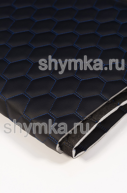 Eco leather Oregon on foam rubber 5mm and black spunbond 60 g/sq.m BLACK quilted with BLUE №1291 thread HONEYCOMB NEW width 1,4m