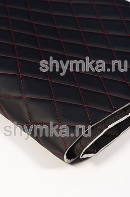 Eco leather Oregon on foam rubber 5mm and black spunbond 60 g/sq.m BLACK quilted with RED №327 thread RHOMBUS 45x45mm width 1,4m