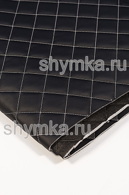 Eco leather Oregon on foam rubber 5mm and black spunbond 60 g/sq.m BLACK quilted with WHITE thread SQUARE 35x35mm width 1,4m
