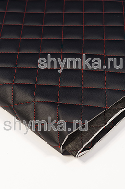 Eco leather Oregon on foam rubber 5mm and black spunbond 60 g/sq.m BLACK quilted with RED №327 thread SQUARE 35x35mm width 1,4m