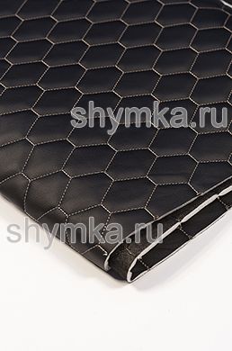 Eco leather Oregon on foam rubber 5mm and black spunbond 60 g/sq.m BLACK quilted with BEIGE №343 thread HONEYCOMB 1,4m
