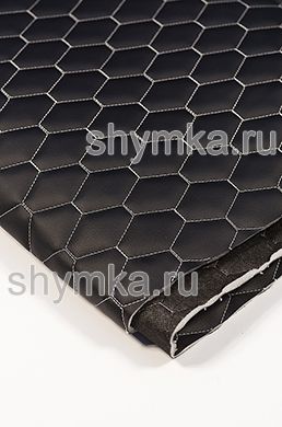 Eco leather Oregon on foam rubber 5mm and black spunbond 60 g/sq.m BLACK quilted with WHITE thread HONEYCOMB 1,4m