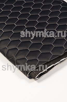 Eco leather Oregon on foam rubber 5mm and black spunbond 60 g/sq.m BLACK quilted with LIGHT-GREY №301 thread HONEYCOMB 1,4m