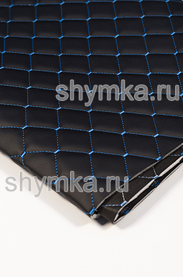 Eco leather Oregon on foam rubber 5mm and black spunbond 60 g/sq.m BLACK quilted with BLUE №484 thread RHOMBUS NEO 35x35mm width 1,35mm