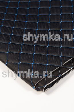Eco leather Oregon WITH PERFORATION on foam rubber 5mm and black spunbond 60 g/sq.m BLACK quilted with BLUE №484 thread RHOMBUS NEO 35x35mm width 1,35mm