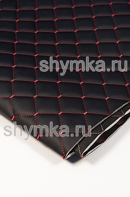 Eco leather Oregon on foam rubber 5mm and black spunbond 60 g/sq.m BLACK quilted with RED №6212 thread RHOMBUS NEO 35x35mm width 1,35mm