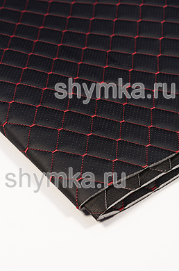 Eco leather Oregon WITH PERFORATION on foam rubber 5mm and black spunbond 60 g/sq.m BLACK quilted with RED №6212 thread RHOMBUS NEO 35x35mm width 1,35mm