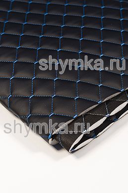 Eco leather Oregon on foam rubber 10mm and black spunbond 60 g/sq.m BLACK quilted with BLUE №484 thread RHOMBUS NEO 35x35mm width 1,35mm