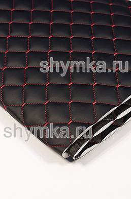 Eco leather Oregon on foam rubber 10mm and black spunbond 60 g/sq.m BLACK quilted with RED №6212 thread RHOMBUS NEO 35x35mm width 1,35mm