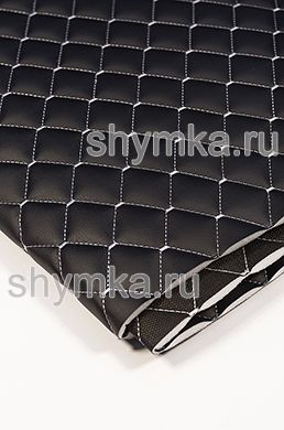 Eco leather Oregon on foam rubber 10mm and black spunbond 60 g/sq.m BLACK quilted with LIGHT-GREY №1615 thread RHOMBUS NEO 35x35mm width 1,35mm