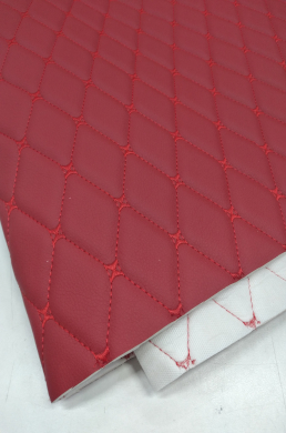 Eco leather Oregon on foam rubber 5mm and white spunbond 60 g/sq.m RED quilted with RED №1113 thread RHOMBUS DECORATIVE 45x45mm width 1,38m