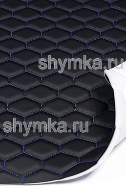 Eco leather Oregon on foam rubber 5mm and spunbond BLACK quilted with BLUE thread HONEYCOMB 1,4m