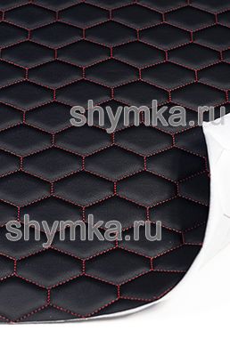 Eco leather Oregon on foam rubber 5mm and spunbond BLACK quilted with RED thread HONEYCOMB 1,4m
