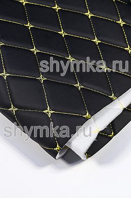 Eco leather Oregon on foam rubber 5mm and spunbond BLACK quilted with YELLOW №1385 thread RHOMBUS DECORATIVE 45x45mm width 1,38m