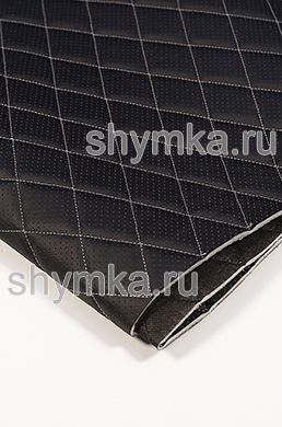 Eco leather Oregon WITH PERFORATION on foam rubber 5mm and black spunbond 60 g/sq.m BLACK quilted with LIGHT-GREY №301 thread RHOMBUS 45x45mm width 1,4m