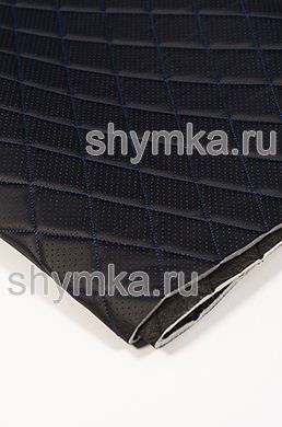Eco leather Oregon WITH PERFORATION on foam rubber 5mm and black spunbond 60 g/sq.m BLACK quilted with BLUE №324 thread RHOMBUS 45x45mm width 1,4m