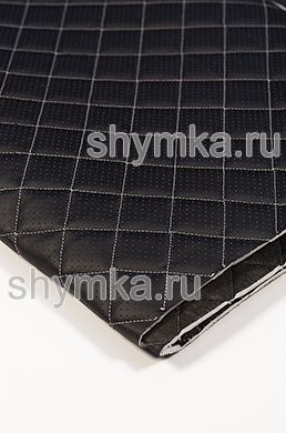 Eco leather Oregon WITH PERFORATION on foam rubber 5mm and black spunbond 60 g/sq.m BLACK quilted with LIGHT-GREY №301 thread SQUARE 35x35mm width 1,4m