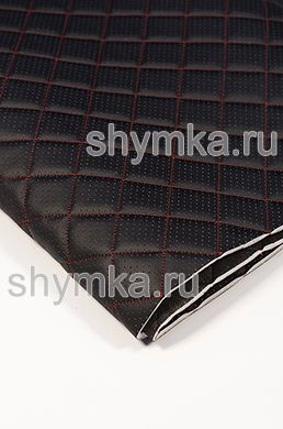 Eco leather Oregon WITH PERFORATION on foam rubber 5mm and black spunbond 60 g/sq.m BLACK quilted with RED №327 thread SQUARE 35x35mm width 1,4m