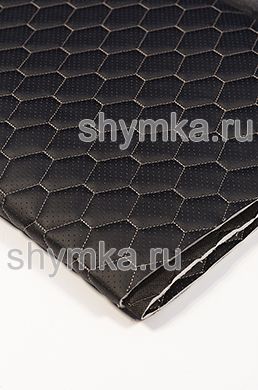 Eco leather Oregon WITH PERFORATION on foam rubber 5mm and black spunbond 60 g/sq.m BLACK quilted with BEIGE №343 thread HONEYCOMB 1,4m