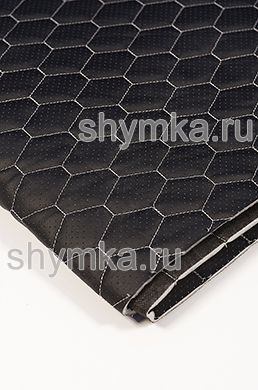 Eco leather Oregon WITH PERFORATION on foam rubber 5mm and black spunbond 60 g/sq.m BLACK quilted with LIGHT-GREY №301 thread HONEYCOMB 1,4m