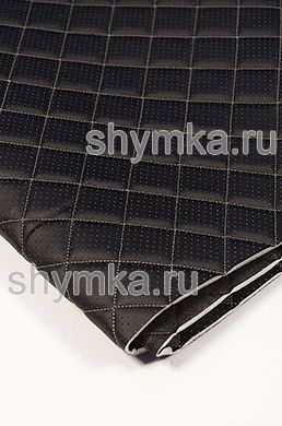Eco leather Oregon WITH PERFORATION on foam rubber 5mm and black spunbond 60 g/sq.m BLACK quilted with BEIGE №343 thread SQUARE 35x35mm width 1,4m