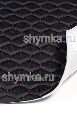 Eco leather Oregon WITH PERFORATION on foam rubber 5mm and spunbond BLACK quilted with RED thread HONEYCOMB 1,4m